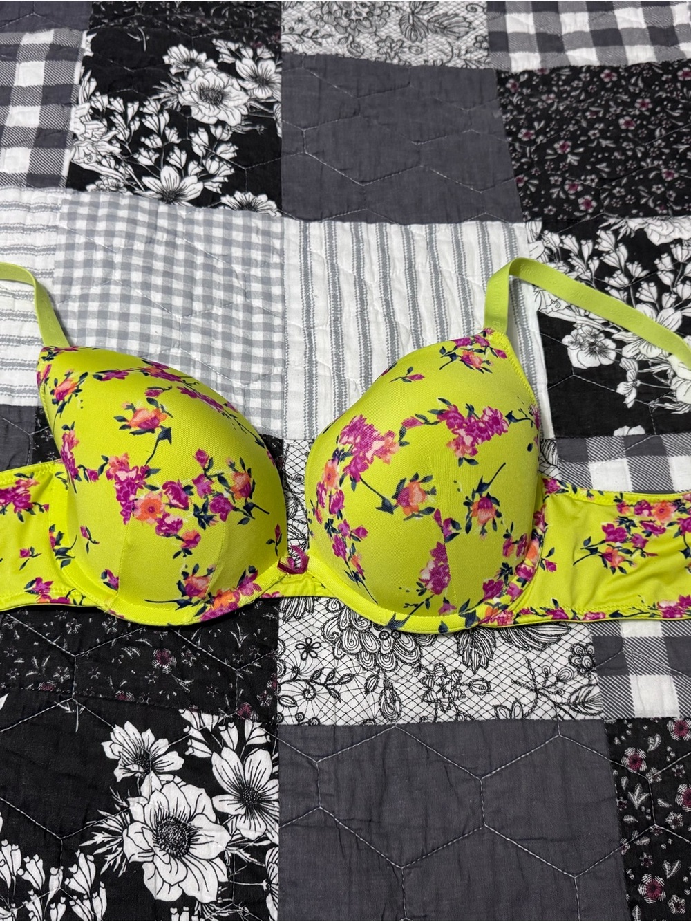 Cacique Neon Yellow Floral Push-Up Bra with Pink Accents
